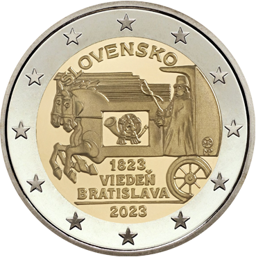 2 € - Začiatok pravidelnej expresnej pošty ťahanej koňmi na trase Viedeň - Bratislava - 200. výročie 2023
